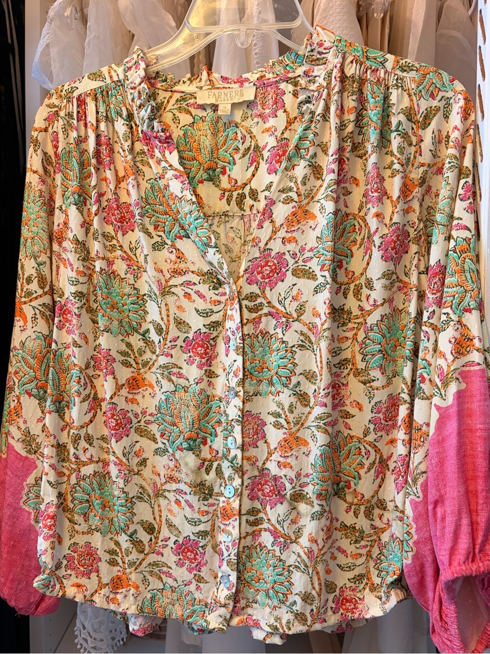 Farmer's Market Floral Button-Down Blouse in Cream with Orange & Pink